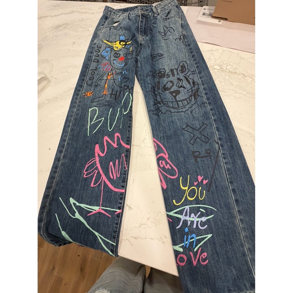 Aelfric Eden Painted Graphic Graffiti Wide-Leg Jeans Sz 28
